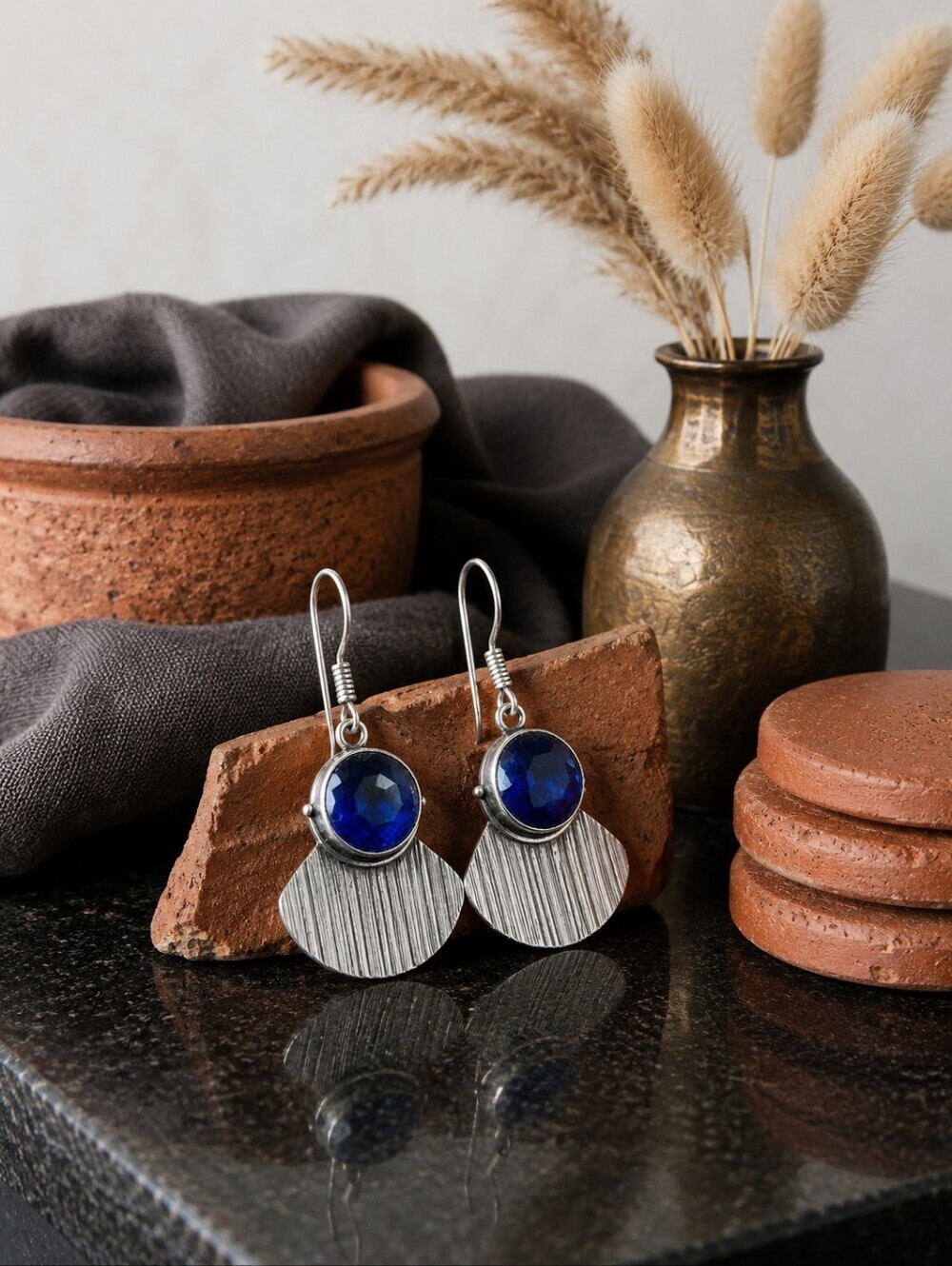 Silver Drop Earrings Blue Crystal 925 Sterling Textured Fan Artisan Boho 1.8" - Picture 12 of 17